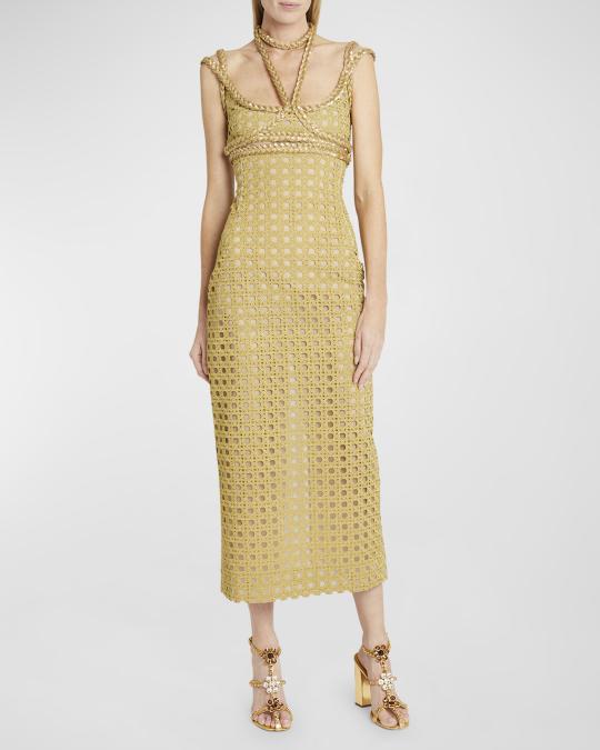 Giambattista Valli Metallic Braided-Trim Empire-Waist Midi Dress