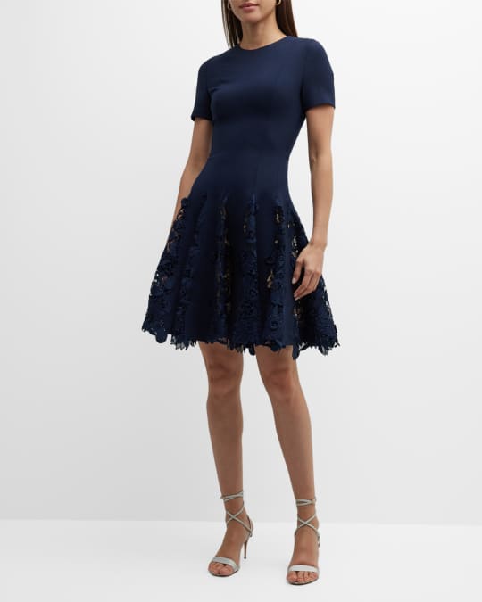 Oscar de la Renta Water Lily Short Dress with Guipure Inset Detail