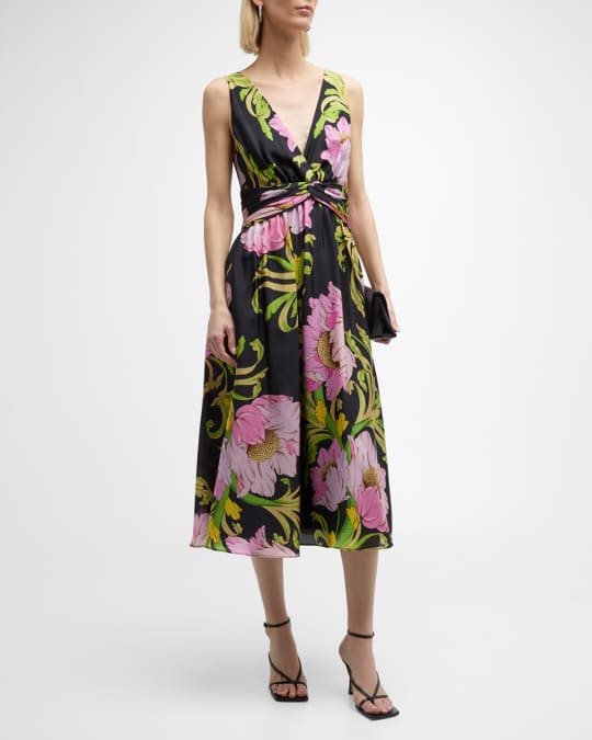 Natori Shinjo Floral-Print Twist-Front Silk Midi Dress | Neiman Marcus