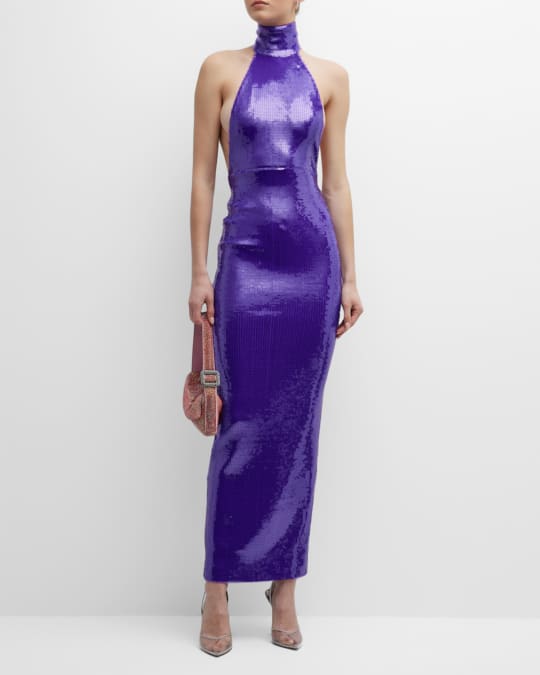 laquan smith sequin dress LaQuan Smith Mock-Neck Sequin Open-Back Column Gown