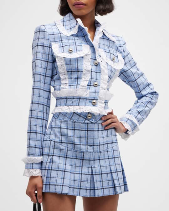 Alessandra Rich Checked Cotton-Wool Lace-Trim Jacket | Neiman Marcus