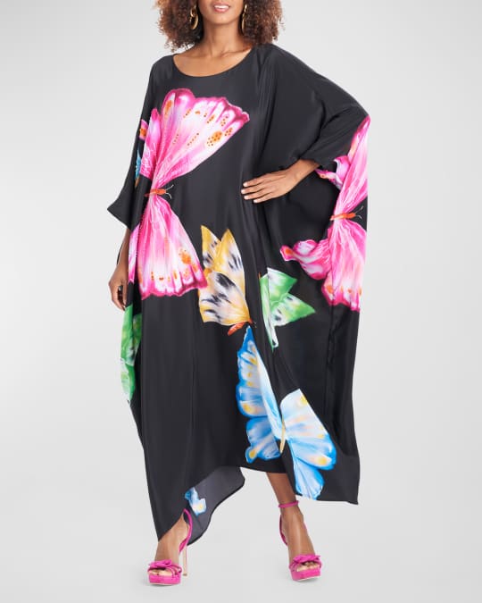 Kyoko Beaded Butterfly Print Silk Caftan