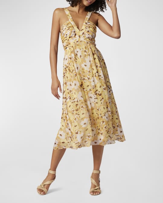 Joie Margot Ruched Floral-Print Chiffon Midi Dress | Neiman Marcus