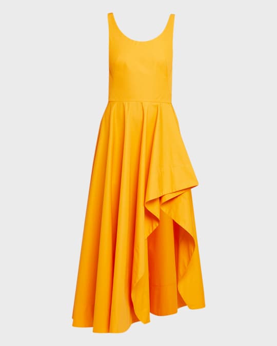 McQueen Poplin Midi Dress with Asymmetric Ruffle Slit