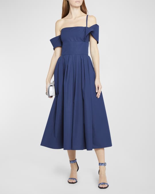 McQueen Heavy Poplin Asymmetric Off-Shoulder Midi Dress | Neiman Marcus