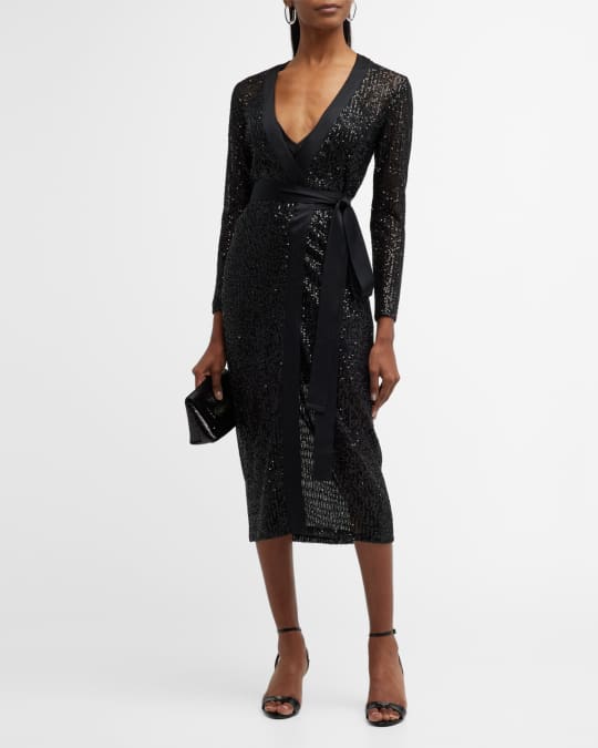 Sequin Tuxedo Midi Wrap Dress