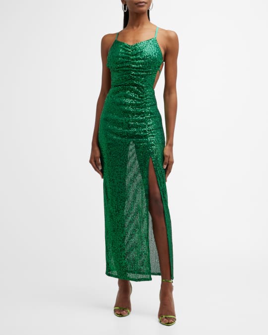 dress the population green dress Shop Online length dress features a round neck and a front slit Dress the Population Natalie Sequin