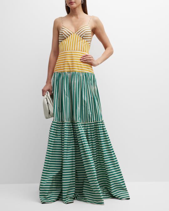 Lela Rose Colorblock Stripes Tiered Gown | Neiman Marcus