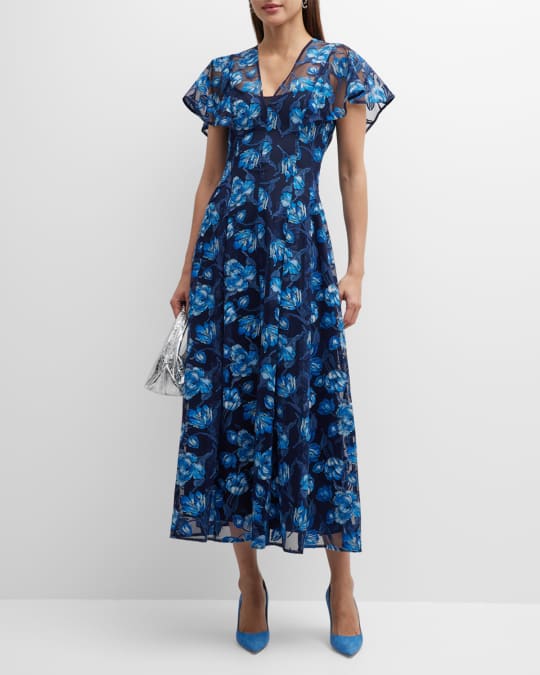 Lela Rose V-Neck Floral Embroidered Tulle Midi Dress | Neiman Marcus