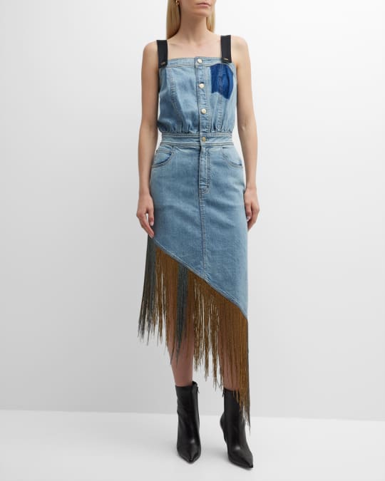 Hellessy Beatrix Asymmetric Metallic Fringe Denim Midi Dress | Neiman Marcus