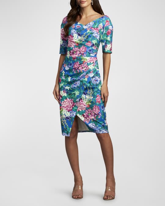 Tadashi Shoji Pleated Floral-Print Elbow-Sleeve Midi Dress | Neiman Marcus
