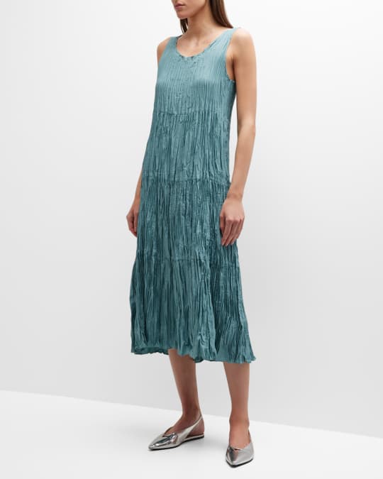 Eileen Fisher Crinkled Scoop-Neck Tiered Silk Midi Dress | Neiman Marcus