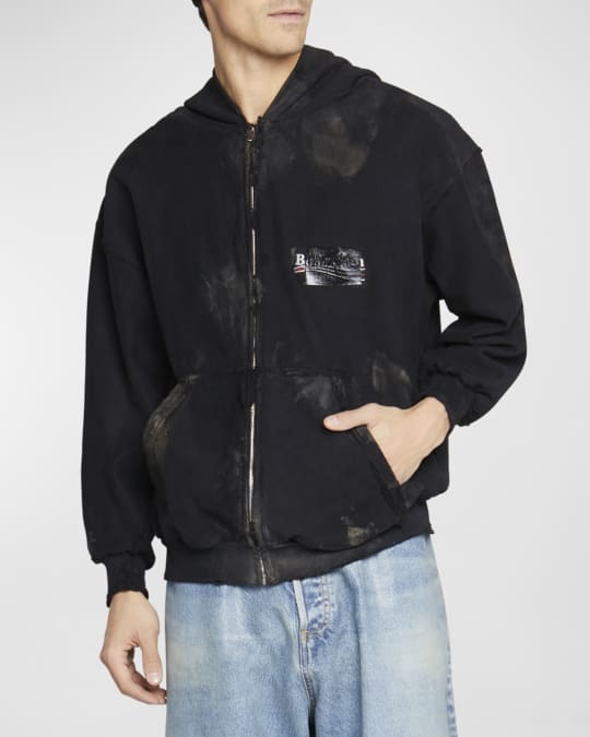 Men's Distressed Zip-Up Logo Hoodie
