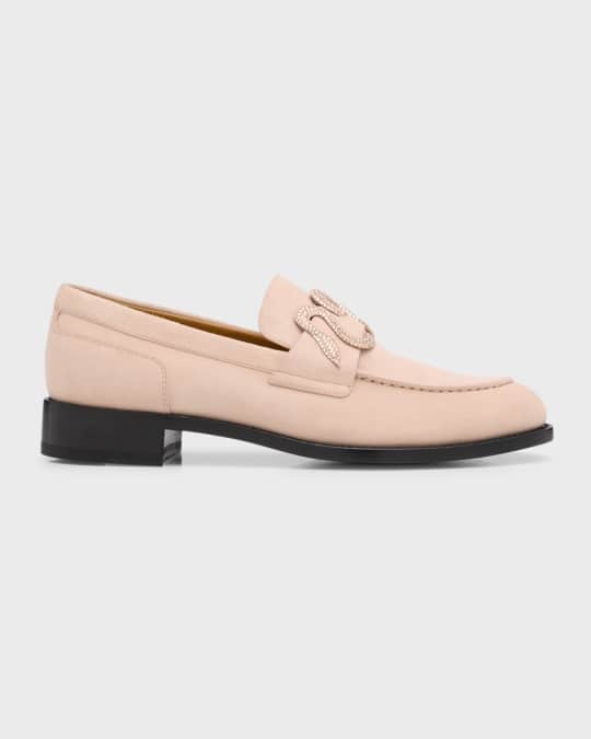 Suede Crystal Snake Strap Loafers