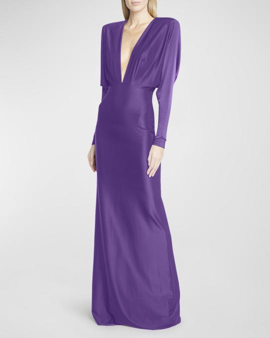 alexandre vauthier purple dress Alexandre Vauthier Plunging Strong-Shoulder Gown