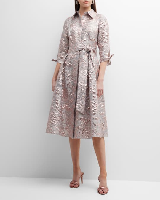 Teri Jon by Rickie Freeman Metallic Jacquard Belted Shirt Dress