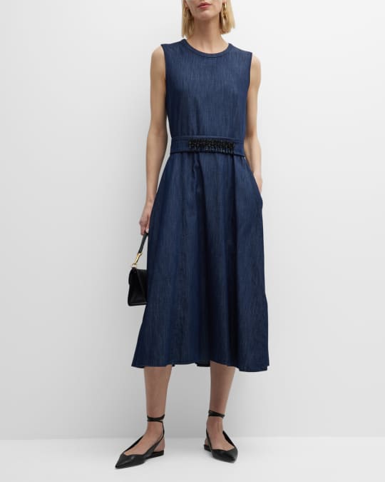 Max Mara Gin Strass Belted Denim Sleeveless Midi Dress | Neiman Marcus