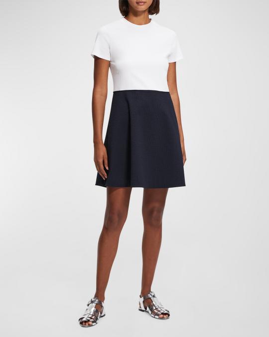 theory skater mini dress THEORY Black & Navy Wool Linen Blue Short Sleeve Mini Pleated Skater Dress  UK8