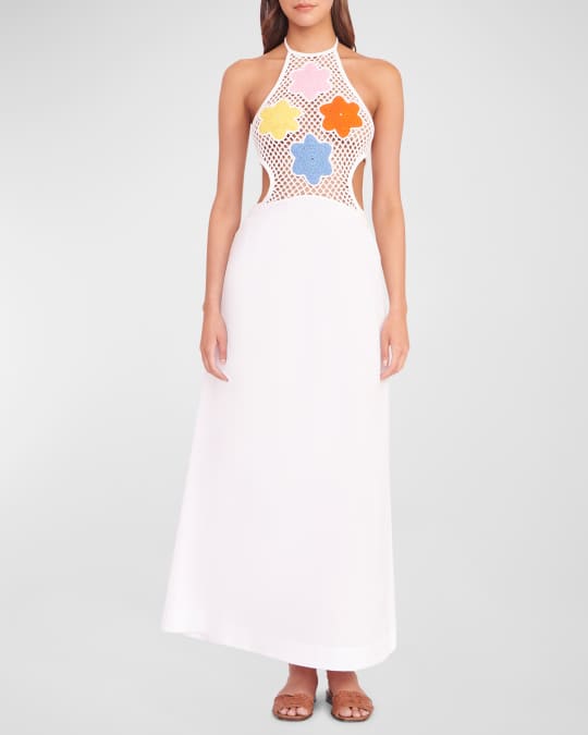 STAUD Kaylee Crochet Bodice Halter Midi Dress | Neiman Marcus