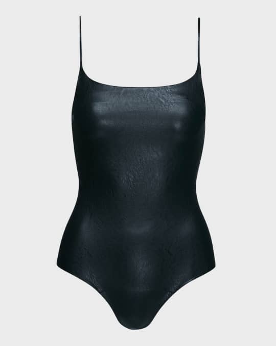 Faux-Leather Spaghetti-Strap Bodysuit