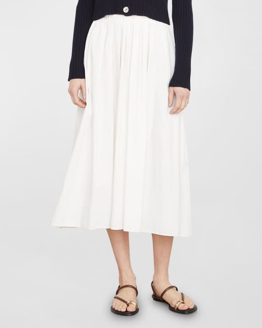 Vince Cascade Pleated Linen-Cotton Midi Skirt Neiman Marcus