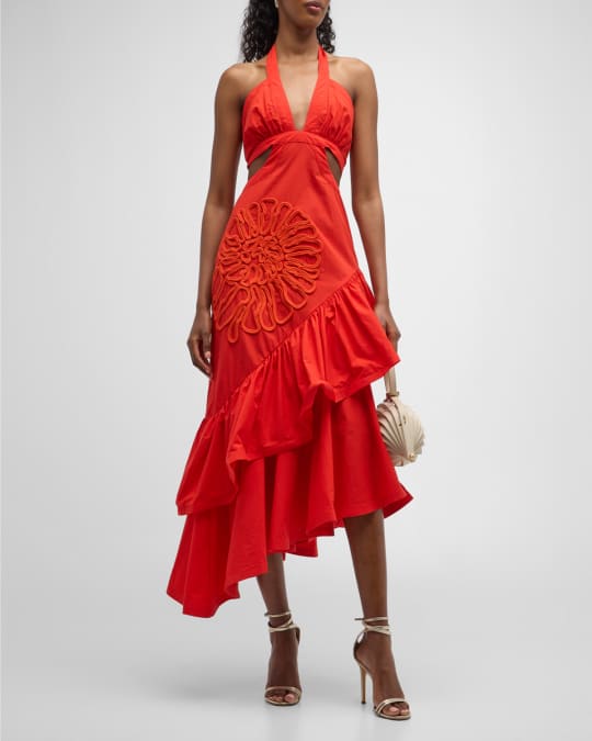 ruffled asymmetric midi dress Asymmetric Midi Dress with Ruffle Detail