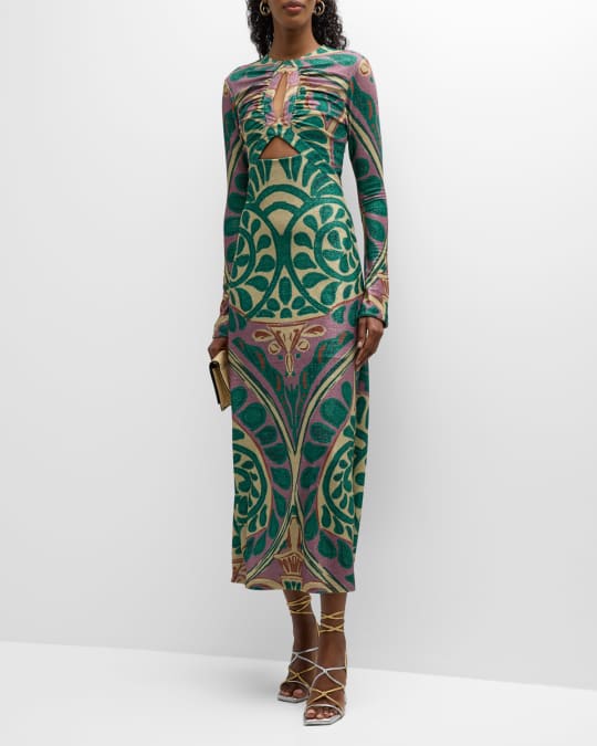 Johanna Ortiz Dreams Of Amphora Metallic Gathered Cutout Midi Dress |  Neiman Marcus