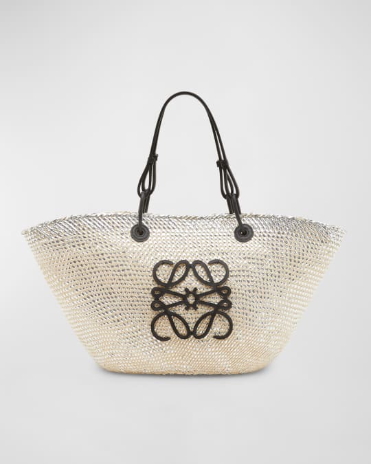 x Paula’s Ibiza Anagram Sparkling Basket Bag in Iraca Palm with Leather Handles