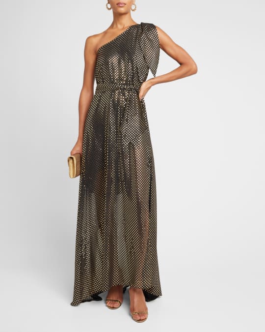 Halpern Metallic Polka-Dot Knot One-Shoulder Draped Gown | Neiman Marcus