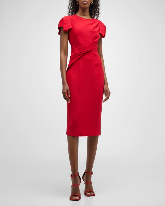 Pleated Cap Sleeve Crepe Midi Dress