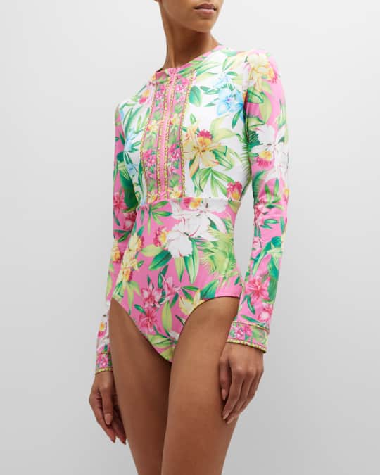 Tommy Bahama Orchid Garden Half-Zip Rashguard One-Piece Swimsuit