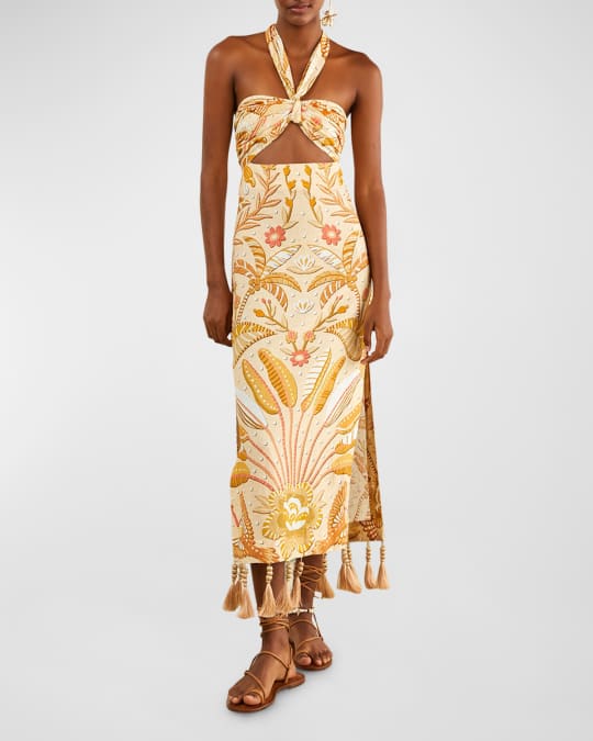 Farm Rio Jungle Chic Cutout Halter Midi Dress | Neiman Marcus