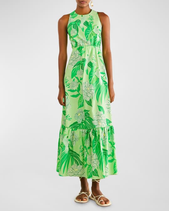 Farm Rio Dewdrop Floral Cutout-Back Midi Dress | Neiman Marcus