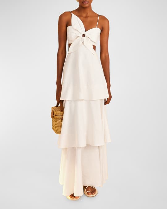 Farm Rio Off-White Linen-Blend Flower Maxi Dress | Neiman Marcus