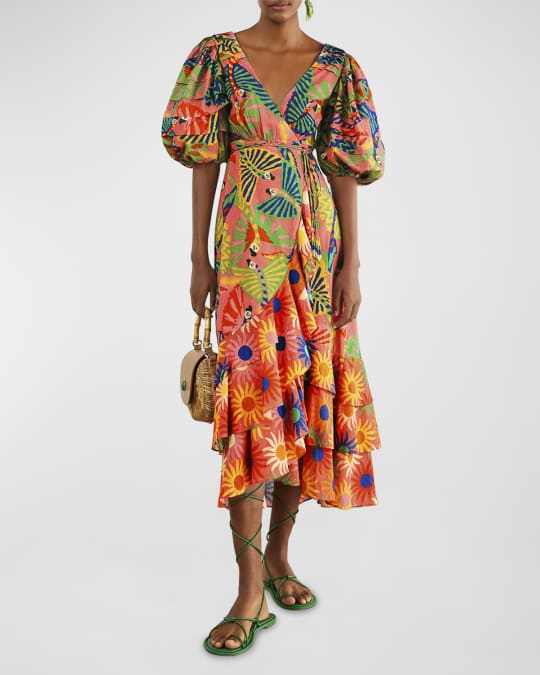 Farm Rio Graphic Macaws Puff-Sleeve Midi Wrap Dress | Neiman Marcus
