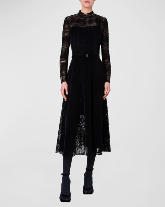 Akris punto Stand-Collar Lasercut Velvet Grid Midi Dress | Neiman Marcus
