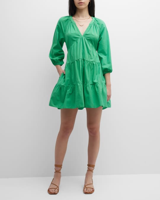 Xirena Nadia Tiered Blouson-Sleeve Poplin Mini Dress | Neiman Marcus