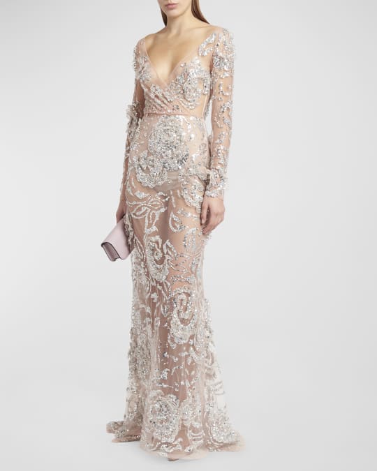 Sequin Rosette Sheer Tulle Illusion Gown