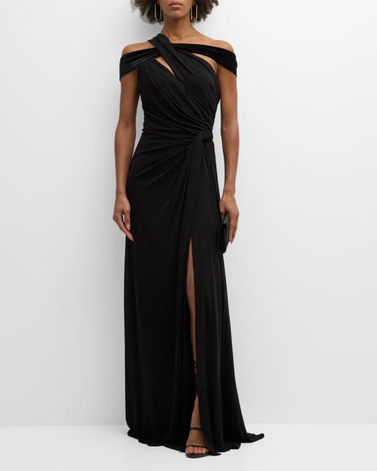 Monique Lhuillier Off the Shoulder Draped Side Slit Gown Neiman Marcus