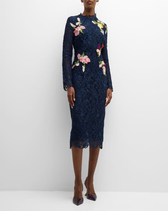 Monique Lhuillier Floral-Embroidered Long-Sleeve Lace Midi Dress | Neiman  Marcus