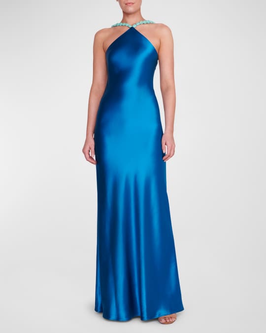 STAUD Cadence Embellished-Strap Satin Maxi Dress | Neiman Marcus