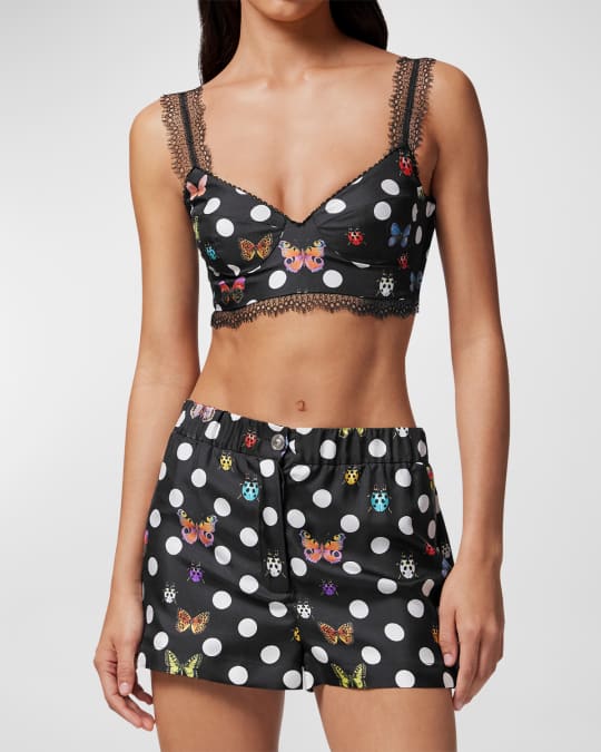 Versace Butterfly Ladybug Polka-Dot Silk Bra Top with Lace