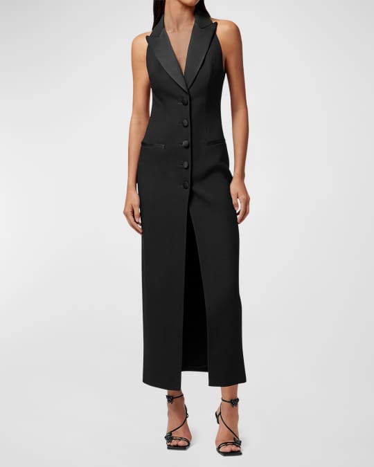 Enver Satin Trim Open Back Halter Midi Tuxedo Dress