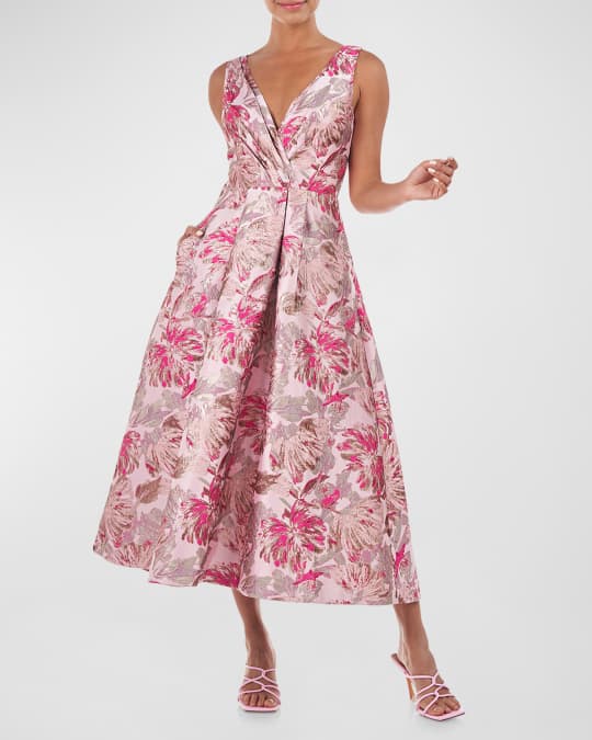 Poppy Pleated Metallic Jacquard Midi Dress