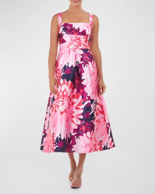 Kay Unger New York Arie Floral-Print Square-Neck Midi Dress | Neiman Marcus