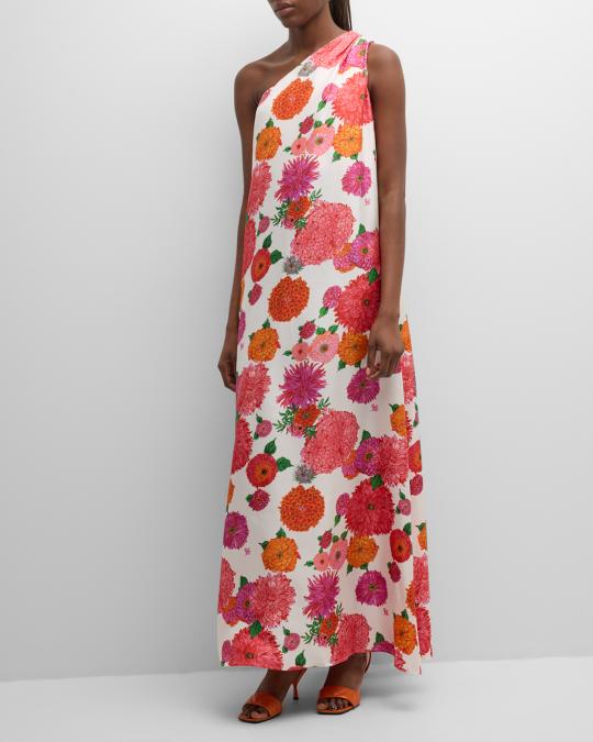 la double j one shoulder dress La DoubleJ Roy Floral-Print One-Shoulder Silk Maxi Dress