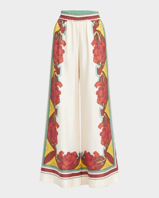La DoubleJ Wide-Leg Silk Palazzo Pants with Floral Detail