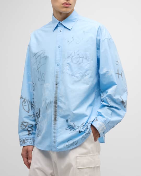 トップス baleciaga grafitti shirt blue Balenciaga Men's Oversized Graffiti Sport Shirt | Neiman Marcus