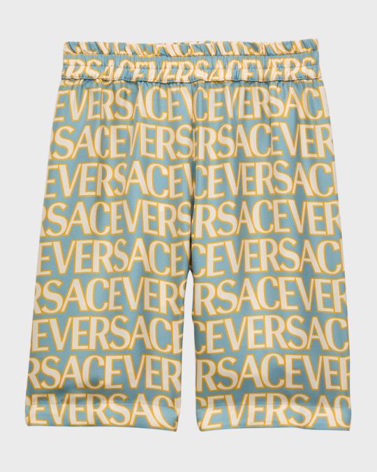 Versace Boy's Repeated Logo-Print Silk Shorts, Size 4-6 | Neiman Marcus