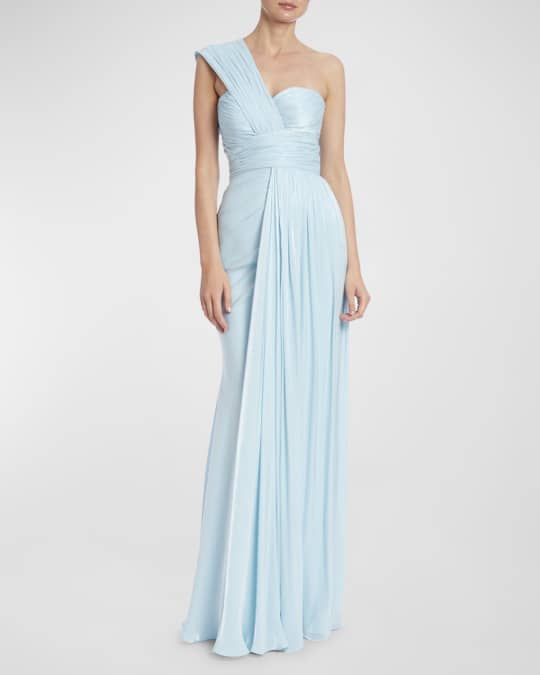 Badgley Mischka Collection One-Shoulder Draped Shimmer Column Gown ...